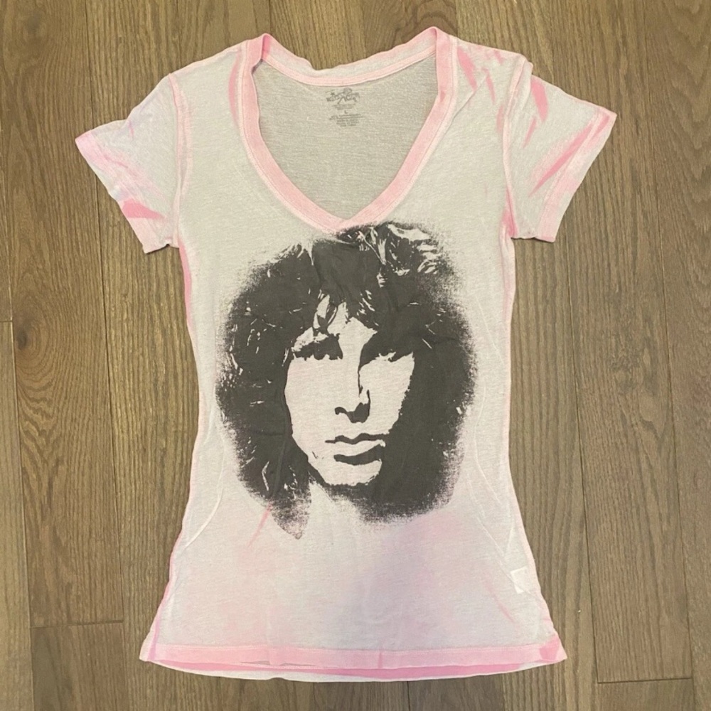 ROCK ICONS Jim Morrison The Doors Pink Sheer V-neck T-shirt